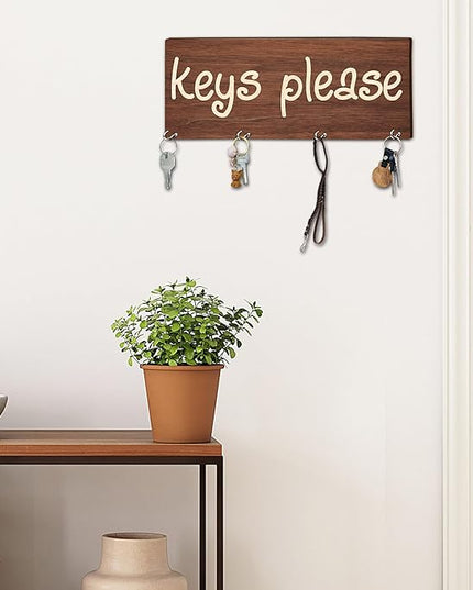 MBYHP Wooden Key Holder with 4 Hooks - Keys Please Decorative Key Organizer for Wall - Home Office Kitchen Hallway Entryway Wall Decor for Keys, Dog Leash Hanging - A04