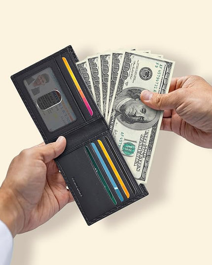 Oak Leathers Slim Leather Wallet for Men - RFID Blocking Slim Minimalist Front Pocket - Thin & Stylish with ID Window, Gift For Men (Small,01Black Carbon Fibre)