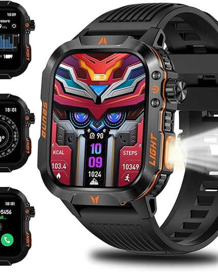 Military Smartwatch for Men, LED Flashlight Bluetooth Call IP68 Waterproof Heart Rate Blood Oxygen Sleep Tracker Fitness Pedometer Android iOS Compatible - Ideal for Hunting Hiking Extreme Sports