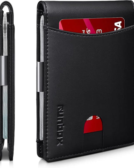 RUNBOX Slim Money Clip Wallets for Men RFID Blocking 11 Card Holder Minimalist Small Leather Bifold Men's Front Pocket Wallet Gift Box