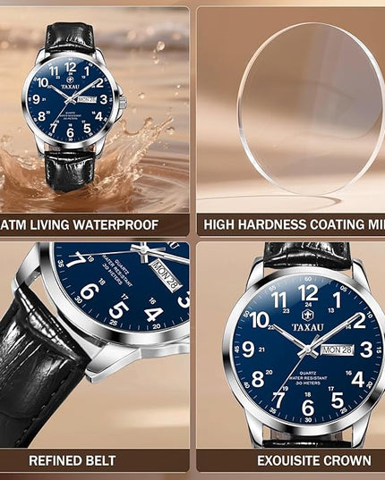 Men's Watches Leather Band Stainless Steel Quartz Analog Watch Luxury Waterproof Watches for Men Dress Men's Wrist Watch with Day Date Arabic Numeral Relojes para Hombre