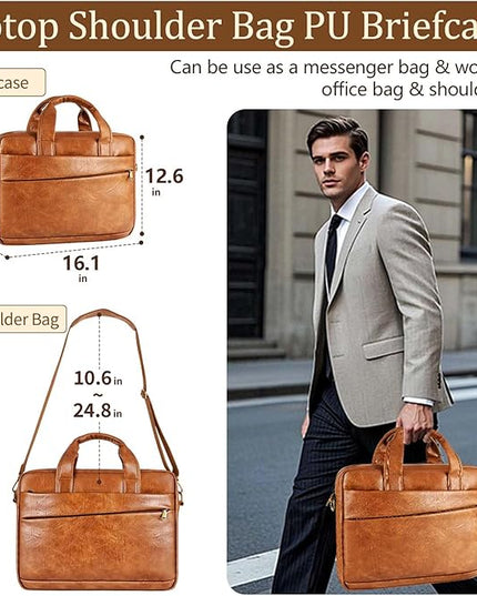 Faux Leather Messenger Bag for Men 15.6 Inch: Laptop Bag Briefcase Computer Handbags Shoulder Crossbody Bag with Padded Laptop Sleeve for Work College Travel, PU Brown