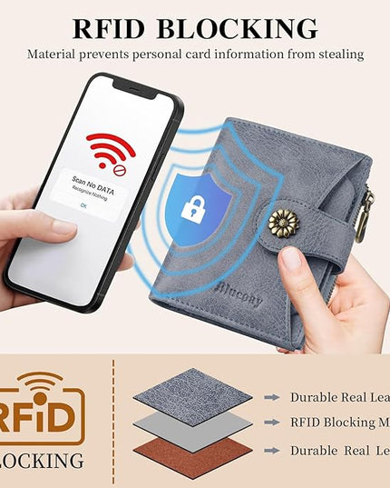 Blucoay Womens Wallet,RFID Blocking Wallet Women Soft Leather Bifold Small Wallets For Women Card Holder With Removable ID Window(greyblue)