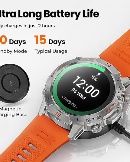 WalkerFit Smart Watch for Men, 1.43" Round AMOLED, 5ATM Waterproof, Heart Rate & Sleep Monitor,Long Battery,Outdoor Activity Tracker,Voice Control&Bluetooth Call,Compatible with iPhone Android, Orange