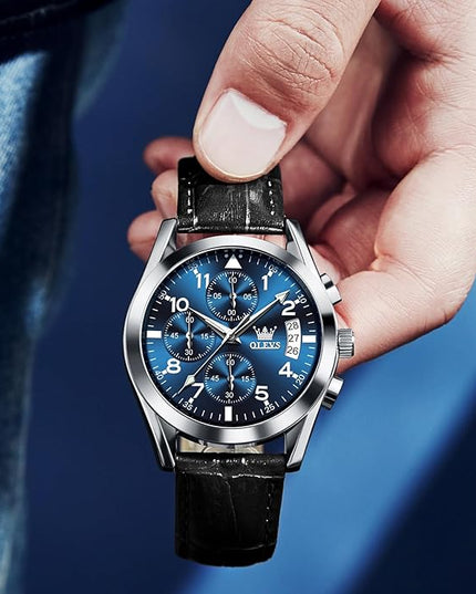 OLEVS Men's Chronograph Leather Watch, Big Face Easy to Read Analog Quartz Dress Watch, Casual Waterproof Luminous Hands Date Watches for Men, White/Blue/Black/Gold Dial
