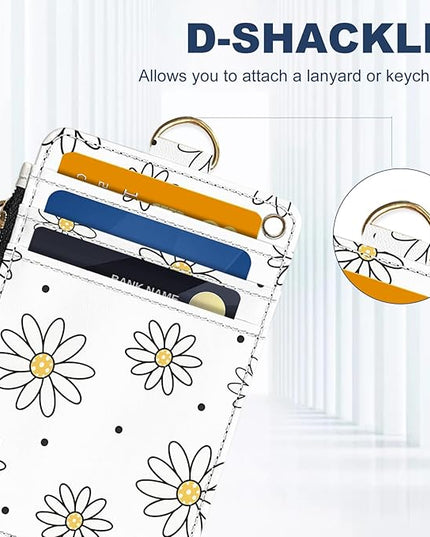 Slim Wallet Credit Card Holder, White daisy V, RFID Wallet Women Cute Small Front Pocket Wallet With Zipper, PU Leather Thin travel RFID Blocking Card Case ID Window,Ladies Gifts