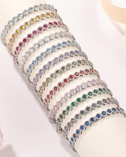 Birthstone Tennis Bracelets for Women Birthday Gifts 925 Sterling Silver Hexagon White Gold Bracelets Round Cut 5A Cubic Zirconia Prong Setting 7 Inch Anniversary Jewelry Gift