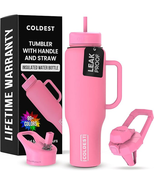 Coldest Tumbler with Handle and Straw, 100% Leak Proof Insulated Tumbler with Lid and Straw (3 Lids), Stainless Steel Tumblers for Women & Men, Cup Holder Friendly, 46 oz (Pink Perfection)