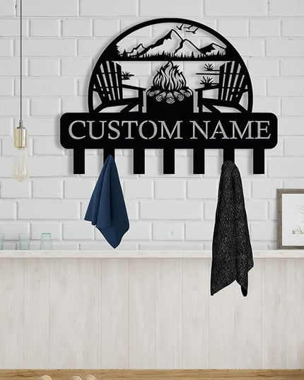 Personalized Campfire Design Metal Key Holder for Wall, Metal Wall Mount Custom Name Hooks, Cabin Key Hooks, Camp Area Key Hanger Decor, Key Rack for Farmhouse, Key Organizer for Living Room, Entryway