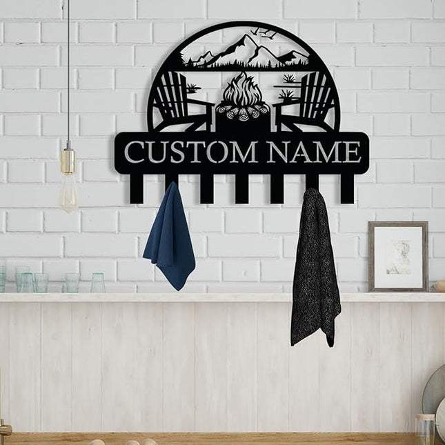 Personalized Campfire Design Metal Key Holder for Wall, Metal Wall Mount Custom Name Hooks, Cabin Key Hooks, Camp Area Key Hanger Decor, Key Rack for Farmhouse, Key Organizer for Living Room, Entryway