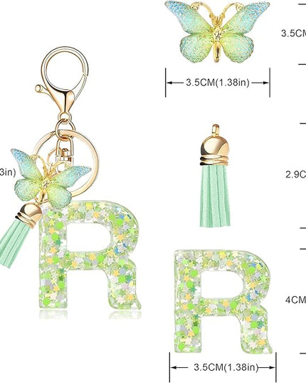 Fashion Alphabet Initial Letter Keychain Tassel Butterfly Pendant Key Ring for Purse Handbags Women Girl