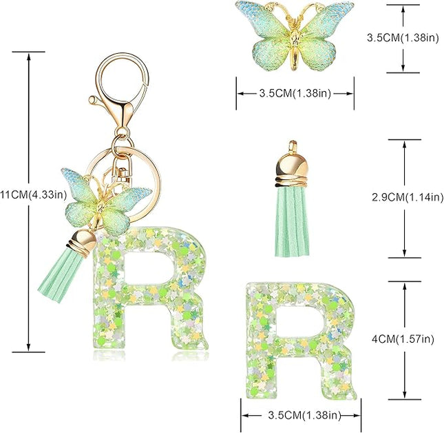 Fashion Alphabet Initial Letter Keychain Tassel Butterfly Pendant Key Ring for Purse Handbags Women Girl