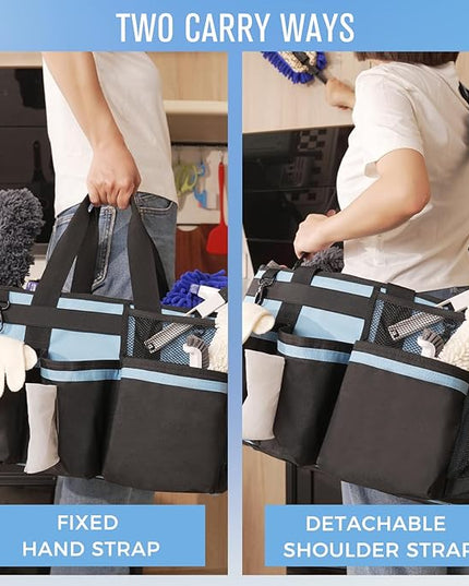 Wearable Cleaning Caddy, Cleaning Caddy Supplies Organizer with Handle & Shoulder Straps for Housekeepers, Under Sink & Car Cleaning Tool Organizers Bag with 4 Foldable Divider (Blue)