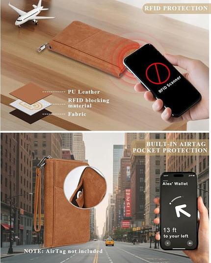 Family Passport Holder Wallet RFID Travel Document Organizer for Women Men, Portable Case Cover for Cards, Boarding Pass with Wrist/Neck Strap, Airtag Pocket, Travel Essentials Gifts -Light Brown, 1pc