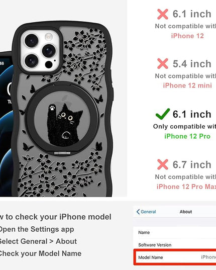 Wavy Case for iPhone 12 Pro Case with Stand [Compatible with MagSafe] Cute Black Cat & Floral & Butterflies Pattern Design, Kawaii 360 Magnetic Ring Kickstand Phone Cover for Women Girls