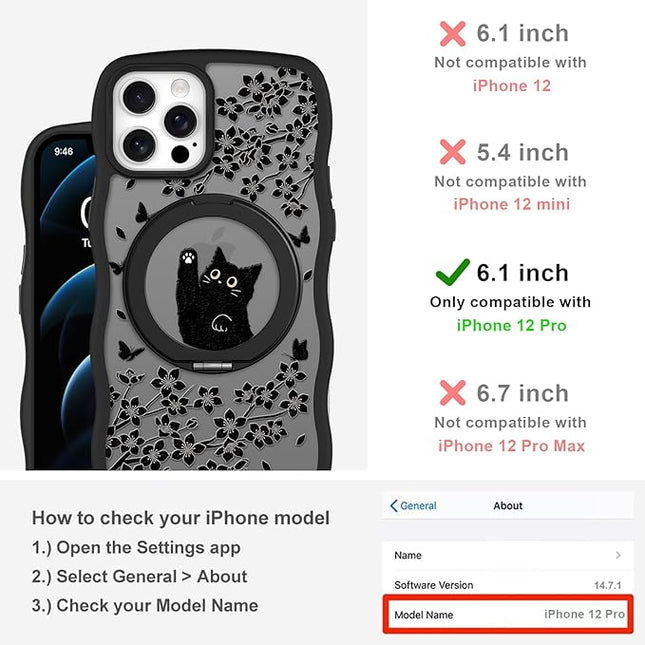 Wavy Case for iPhone 12 Pro Case with Stand [Compatible with MagSafe] Cute Black Cat & Floral & Butterflies Pattern Design, Kawaii 360 Magnetic Ring Kickstand Phone Cover for Women Girls