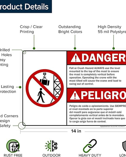 Danger Fall Or Crush Hazard Always Use The Level Mounted Bilingual Sign, 10x14 Inches, 55 mil thick HDPS (high density polystyrene), Made in USA by My Sign Center