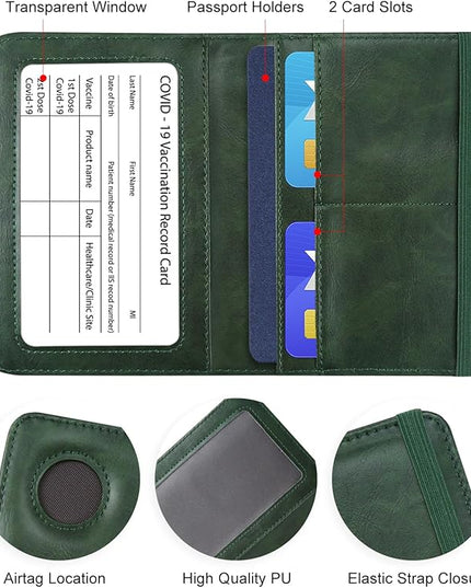 Passport Holder with AirTag – RFID Blocking Travel Document Wallet, Leather Passport Cover with AirTag Slot, Keeps Passport Safe & Trackable (Green)