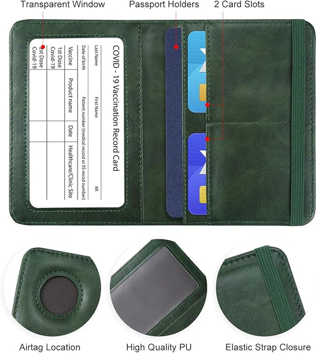 Passport Holder with AirTag – RFID Blocking Travel Document Wallet, Leather Passport Cover with AirTag Slot, Keeps Passport Safe & Trackable (Green)