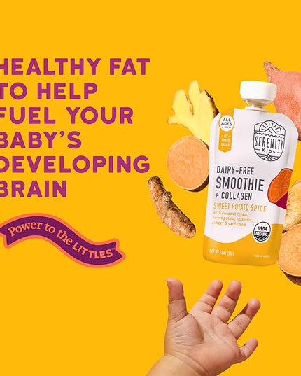 Serenity Kids 6+ Months Dairy-Free Smoothie Baby Food Pouches - USDA Organic, Grass Fed Collagen Protein - 3.5 Oz BPA-Free - Sweet Potato Spice - 6 Count - Smoothie Pouches
