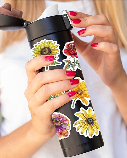 100PCS Shiny Bohemian Holographic Stickers - Glittering Vinyl Decals for Water Bottles,Laptops,Journals Beautiful Flower Designs Featuring Roses,Sunflowers,Daisies and Lavender for Teens,Adults