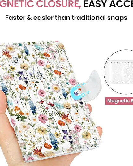 Passport Holder for Travel Essentials, RFID Blocking Leather Cover Wallet with Magnetic Closure, Aesthetic & Cute Passport Book Case for Women and Men - Wildflower