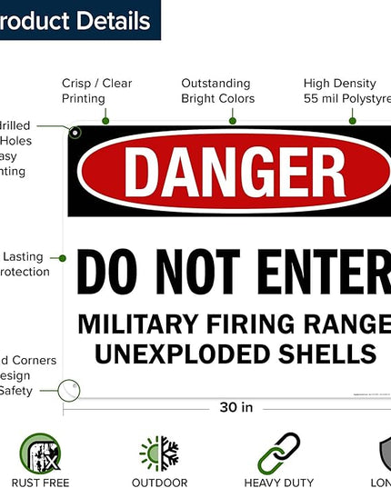 Danger Do Not Enter Military Firing Range Unexploded Shells Sign, 24x30 Inches, 55 mil thick HDPS (high density polystyrene), Made in USA by My Sign Center