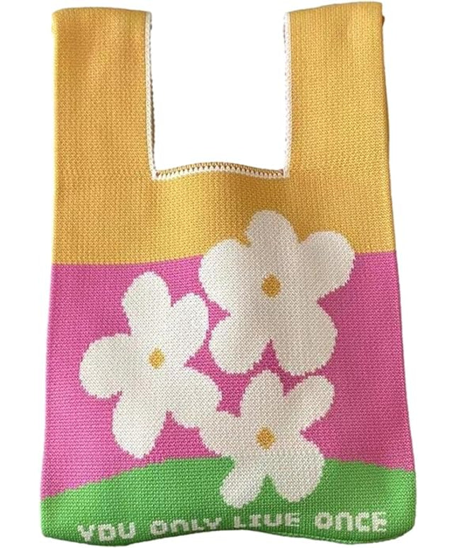 Women's Wrist Knot Tote Bag Small Crochet Wristlet Handbag Aesthetic Cute Knit Purse (Very Small Size)