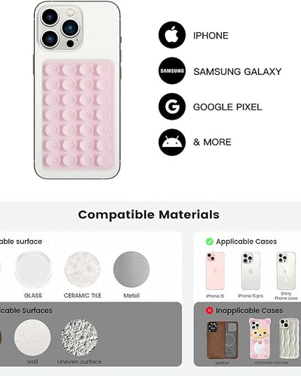 Silicone Double-Sided Suction Phone Case Detachable Mount, Car Dashboard Holder, Hands-Free Sticky Grip Phone Accessories for Selfies & Videos, - iphone & Android Compatible (3.74"x2.2", Baby Pink)