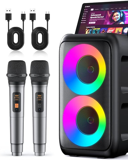 Karaoke Machine for Adults Kids, Portable Bluetooth Speaker with 2 Wireless Microphones, TWS Mode & LED Light, 10H Battery PA System Stage Monitors,Perfect for Home Party Outdoor Birthday Gifts(Black)