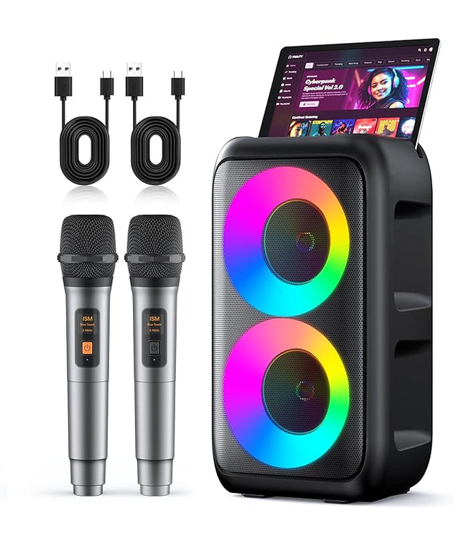 Karaoke Machine for Adults Kids, Portable Bluetooth Speaker with 2 Wireless Microphones, TWS Mode & LED Light, 10H Battery PA System Stage Monitors,Perfect for Home Party Outdoor Birthday Gifts(Black)