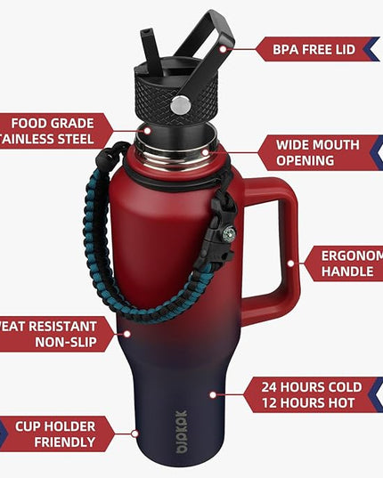 BJPKPK Insulated Water Bottles with Straw Lid, 40oz Metal Water Bottle with 2 lids & Paracord Strap, Double Wall Stainless Steel Tumbler with Handle, Reusable Cups, Mugs, Thermo, Charming Red