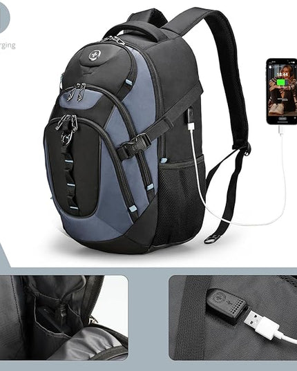 Swissdigital Design Laptop Backpack with USB Charging Port, Travel Backpack Fits 15.6 inches Computer, 31L College School Backpack for Men, Haze Blue/Black | SD803-16