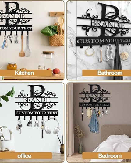 Custom Key Holder for Wall, Personalized Family Name Key Rack Wall Mount, Metal Monogram Key Hooks Organizer Rack, Last Name Key Holder, Key Hanger Wall Decor for Living Room, Front Door, Entryway