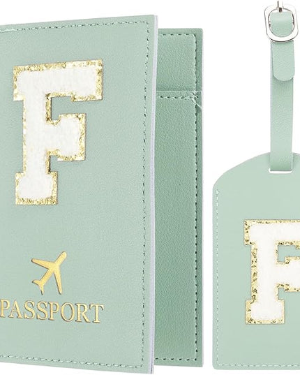 PATIKIL Passport Holder for Travel, Initial Passport Cover and Luggage Tag Set with Alphabet Chenille Letter Patch Travel Wallet Bag Suitcase Identifier for Women Family Travel Green F