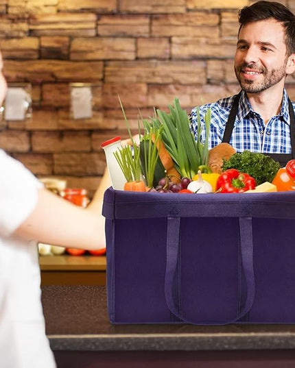 WISELIFE Reusable Grocery Shopping Bags 10 Pack Large Foldable Tote Bags Bulk, Eco Produce Bags with Long Handle for Shopping Groceries Clothes (Purple)