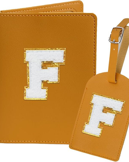 Initial Passport Cover Holder and Luggage tag Set,PU Leather Passport Case Travel Suitcase Tag with Letter Patch, Personalized Travel Luggage Accessories Gifts for Women Grils Teenage Ginger F