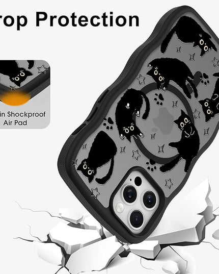 Cute Case for iPhone 12 Pro Case [Compatible with MagSafe] with Kawaii Black Cats Cat Print Pattern Design for Women Girls, Soft Wavy Edge Anti-Slip Animal Magnetic Protective Phone Cover