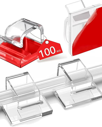 100PCS Cable Clips, Adhesive Wire Clips Organizer Cord Clips Management, Cable Staples Outdoor Strong for Wall, Desk, Christmas Lights, String Lights, Fairy Lights, Clear Glossy, Small