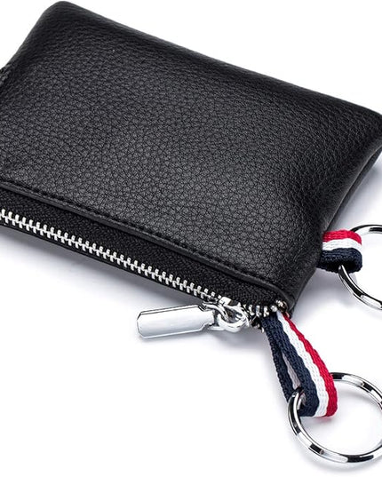 Plinvo Mini Genuine Leather Wallet Coin Purse with Dual Keyrings Compact Change Pouch and Card Holder for Men and Women (Black)