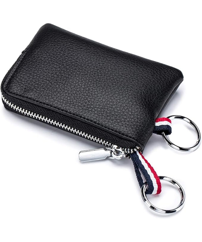 Plinvo Mini Genuine Leather Wallet Coin Purse with Dual Keyrings Compact Change Pouch and Card Holder for Men and Women (Black)
