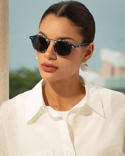 CARFIA Small Face Acetate Polarized Sunglasses for Women UV Protection, Retro Double Bridge Eyewears Metal Brow Round Sunnies