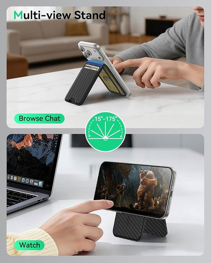 Fanseesy for MagSafe Wallet with Stand, 5 Card Holder, Slim Leather Magnetic Wallet for iPhone 17/16/15/14/13/12 Pro Max Plus Air Series, 3 Card Slots & 1 Cash Slot,Carbon Fiber