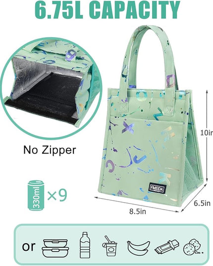 Fmeida Insulated Lunch Bag Women, 6.75L Small Lunch Bags with Multiple Pockets, Reusable Thermal Cooler Tote for Work, Office, Picnic, Travel | Hook and Loop Closure, Colorful Letters