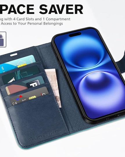 TUCCH Wallet Case for iPhone 16, [RFID Blocking] [4 Card Slots] TPU Interior Protective Case, Magnetic Folio Shockproof PU Leather Stand Flip Cover Compatible with iPhone 16, Dark Blue&Lake Blue