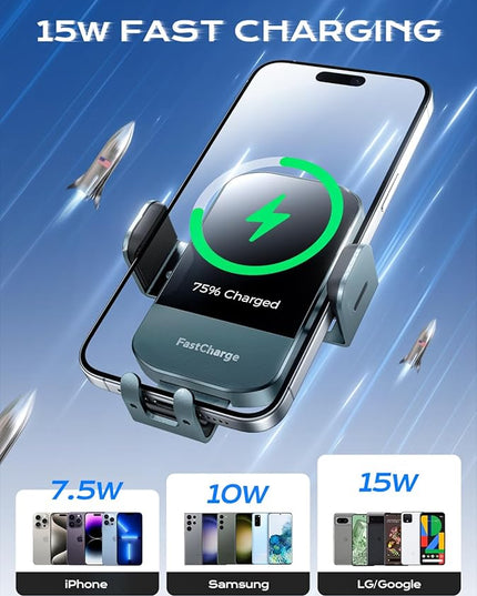 CHGeek Wireless Car Charger, 15W Fast Charging Auto Clamping Car Charger Phone Mount Phone Holder fit for iPhone 15 14 13 12 11 Pro Max Xs, Samsung Galaxy S25 Ultra S24 S23 S22, S21, S20, Green
