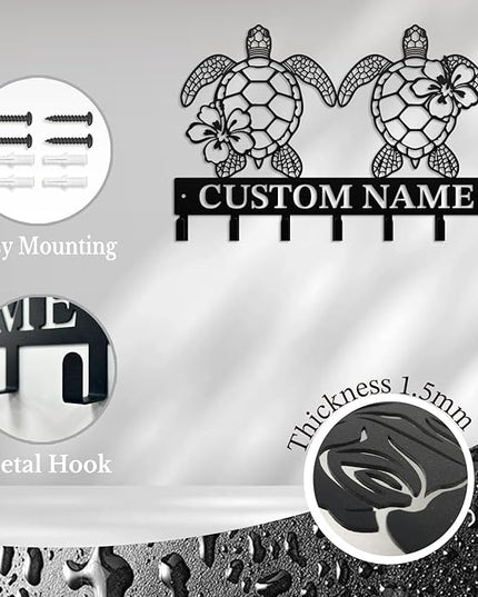 Casebrick Custom Sea Turtle Metal Wall Hooks,Key Holder-Personalized Iron Wall Decor for Keys, Coats & Home Organization (Black, Handmade,Decorative for Entryway, Beach,Bedroom,Office) (Style D)