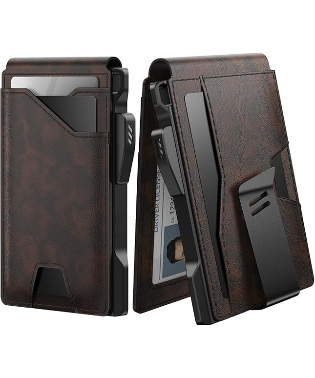 typecase Tactical Wallet for Men Card Holder: Pop Up Card Case, Genuine Leather, Smart, RFID Blocking, Slim, Minimalist, Thin, Front Pocket - 9-13 Card Capacitiy, ID Window, Money Clip (Deep Brown)
