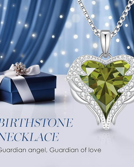 CDE Christmas Gifts for Women Angel Wings Necklace for Women with Birthstone, Love Heart Silver Tone/Gold Tone Pendant, Ideal Anniversary or Birthday Jewelry Gifts for Wife Girlfriend Her