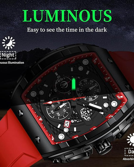 Mens Watches,Unique Rectangular Quartz Analog Watch,Outdoor Sports Multi-Function Watch,Chronograph/Waterproof/Luminous/Calendar,Durable Silicone Strap Mens Casual Watches